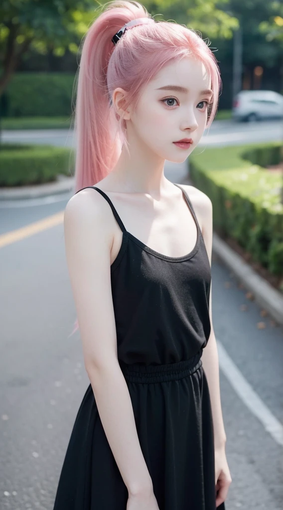 A adorable cute little girl standing, wearing black dress, pale skin, smooth pale skin, skin tune pink, cute face, pink hair, ponytail hair, super detailed, 8k