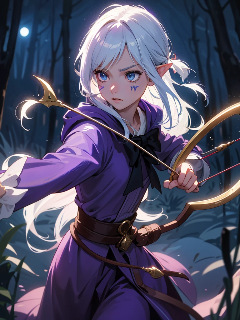 1 girl, top-quality, realistic anime style, action pose, aiming bow, shooting arrow, high resolution, Lily Collins face, long white hair, elf, elven archer, white facial tattoos, healthy skin, tanned, holding a magic bow, action scene, aiming bow, Professional artwork, Beautiful expression, beautiful face, beautiful eyes, Immersive purple atmosphere, backlight, Chiaroscuro:1.5, night time, full moon, high contrast, magical ambient, Luminous lighting, longshot, Professional artistic background, fantasy world, Girl holding a magic bow, Girl wearing a purple and blue cloth robe, full moon, night scene, forest, blue light, moonlight