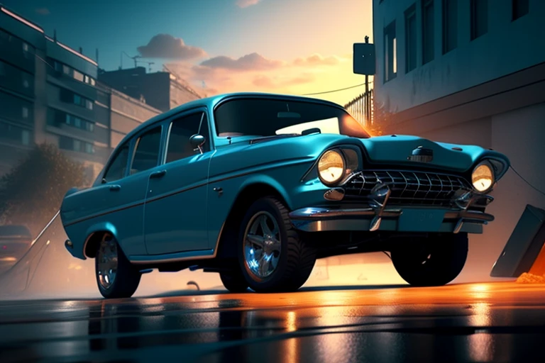 there  a blue car that  parked on the street, highly detailed hyper real retro, cinema 4d cinematic render, unreal engine. retro film still, moskvich, octane photoreal 3 d render, photorealistic render in octane, photo realistic octane render, photorealistic cinematic render, octane cgsociety, digital painting. octane render, octane trending on cgsociety