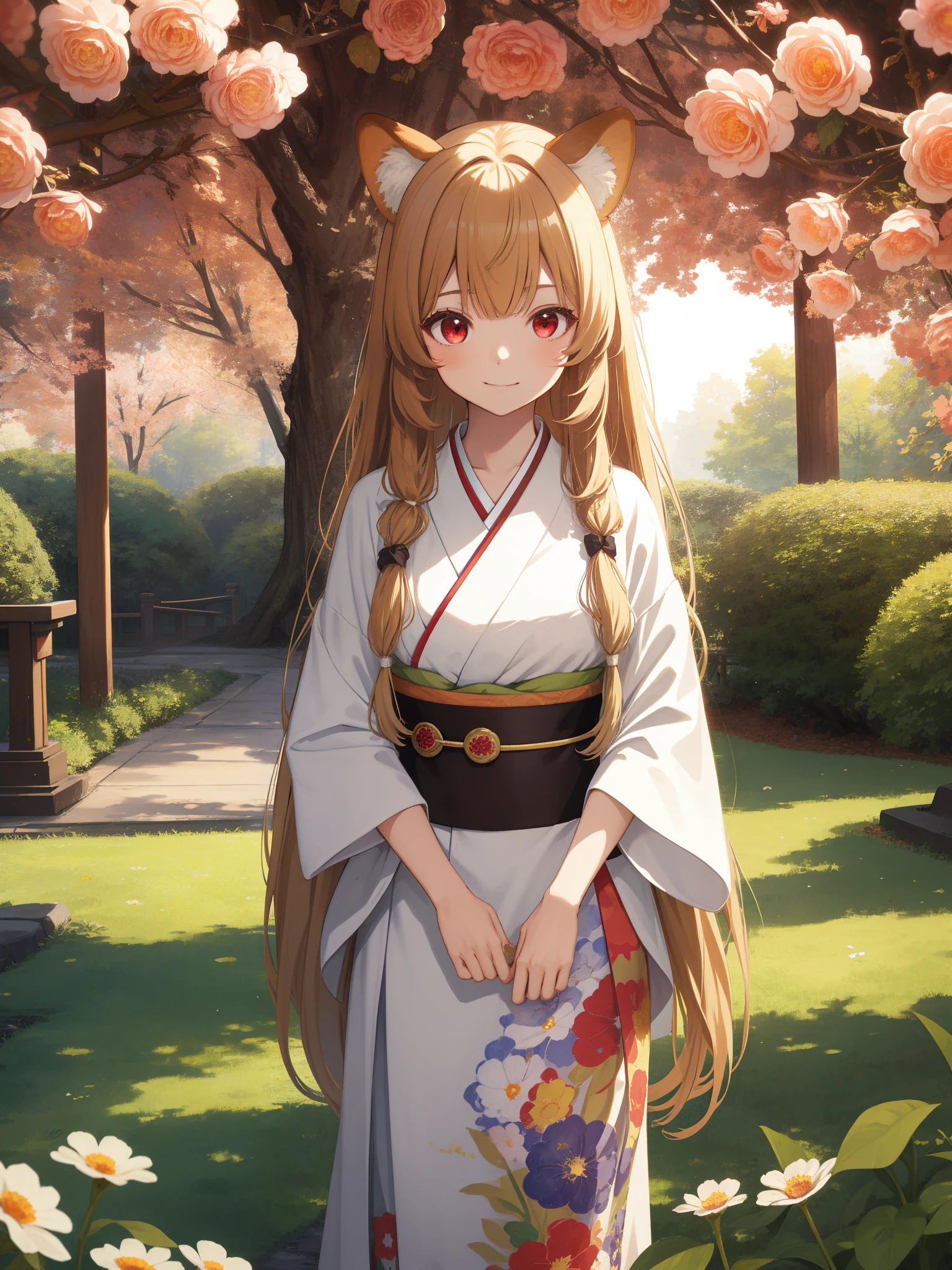 ​masterpiece、top-quality、ighly detailed、独奏、Raphtalia,Three-dimensional feeling、outside、a park、Animal ears、realisitic、Beige hair, (Red Eyes:1.1),1girl in、A park with beautiful flowers、A smile、A delightful!　Taisho period in Japan、White color kimono、Hakama、standing on the grass、Absolute reference to center、tail