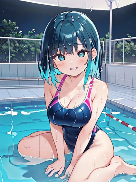 ((masterpiece、top-quality:1.5、a high chroma:1.5、ultra-detailliert、high-resolution illustrations:1.5、Ultra-high-definition CG、8k size wallpaper、offcial art))、((front view:1.8)),(1woman,),(cute face:1.5,cute eyes:1.5)、((face:1.5)),((close to viewer:1.8,face only:1.5)),
(grin:1.3)、(sexy body),((sit ,wariza:1.8)),,(competition swimsuit:1.5),(wet head, face, and body:1.8),(multicolored hair:1.5), (large breasts:1.5),(curvy:1.3)、(Portrait:1.8)
,(Shining aqua eyes:1.2),((sit by the pool at night:1.5)),((breast hold.:1.5)),(()),(upper body)、