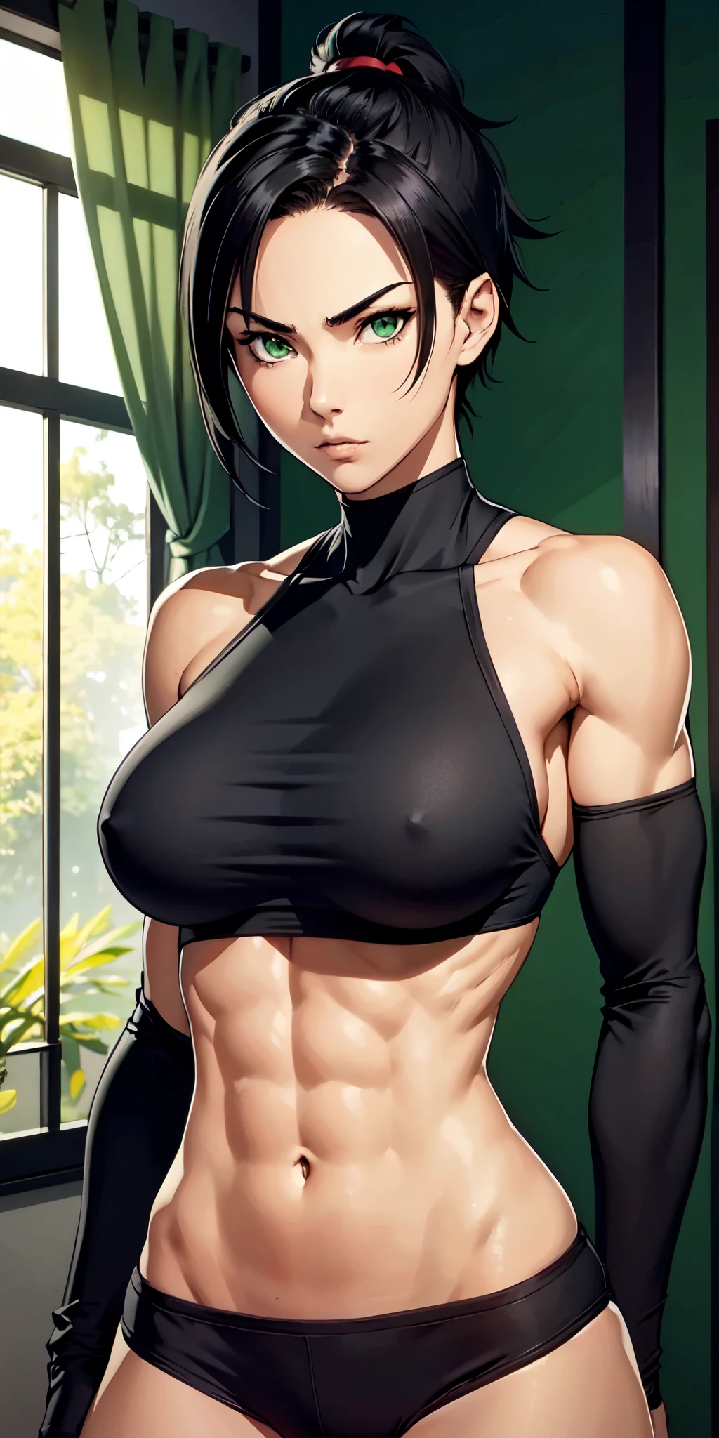 a ninja, pretty face, serious face, short black hair, green eyes, perfect body, fit body, abdomen, big breasts, muscular,