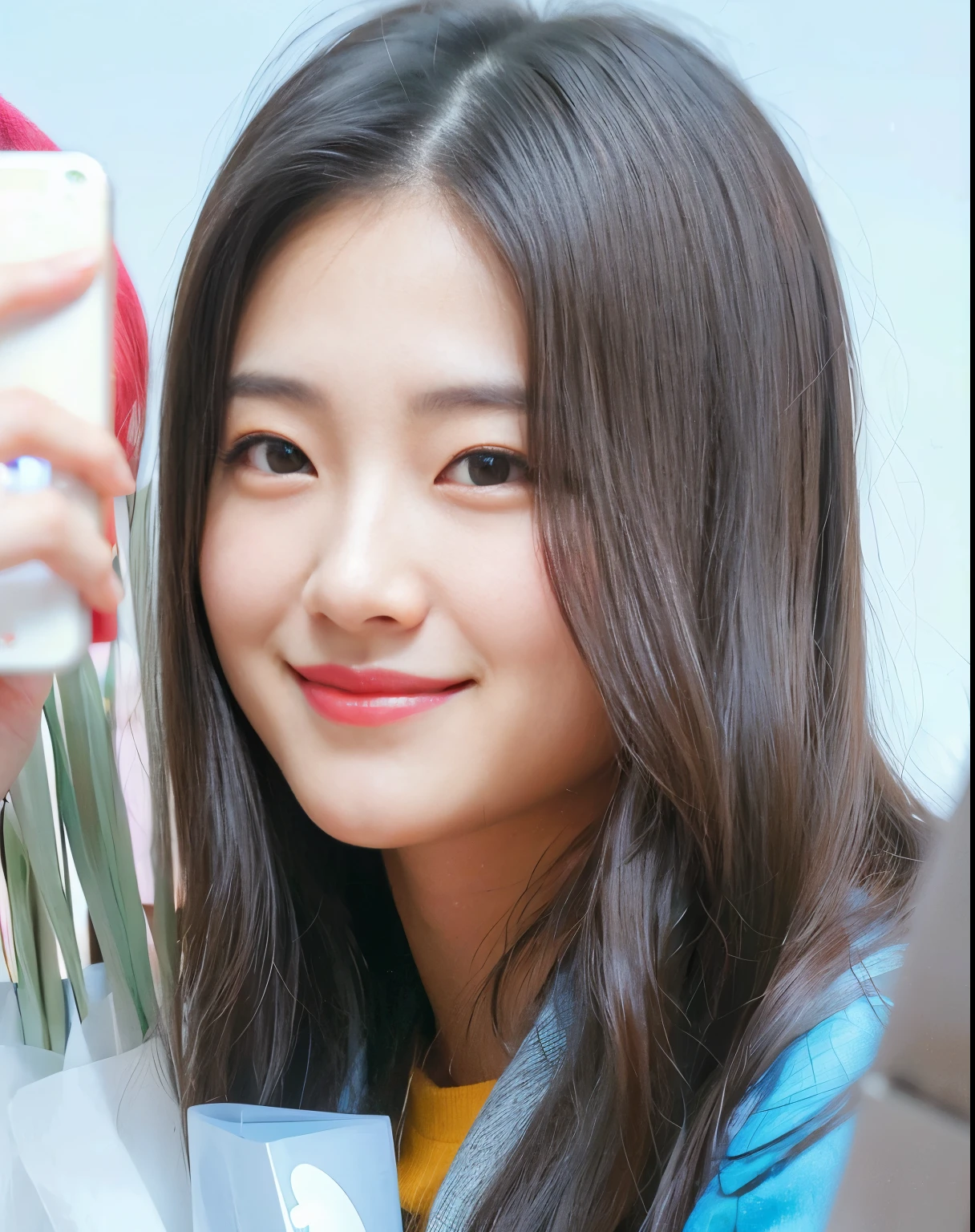 araffe girl with long hair holding a cell phone and smiling, wan adorable korean face, with cute - fine - face, bae suzy, jaeyeon nam, tzuyu from twice, young adorable korean face, cute korean actress, she has a cute face, korean girl, cute - fine - face, cute-fine-face, hwang se - on