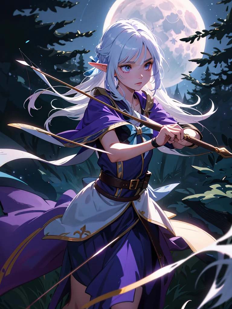 1 girl, top-quality, realistic anime style, action pose, aiming bow, shooting arrow, high resolution, Lily Collins face, long white hair, elf, elven archer, white facial tattoos, healthy skin, tanned, holding a magic bow, action scene, aiming bow, Professional artwork, Beautiful expression, beautiful face, beautiful eyes, Immersive purple atmosphere, backlight, Chiaroscuro:1.5, night time, full moon, high contrast, magical ambient, Luminous lighting, longshot, Professional artistic background, fantasy world, Girl holding a magic bow, Girl wearing a purple and blue cloth robe, full moon, night scene, forest, blue light, moonlight