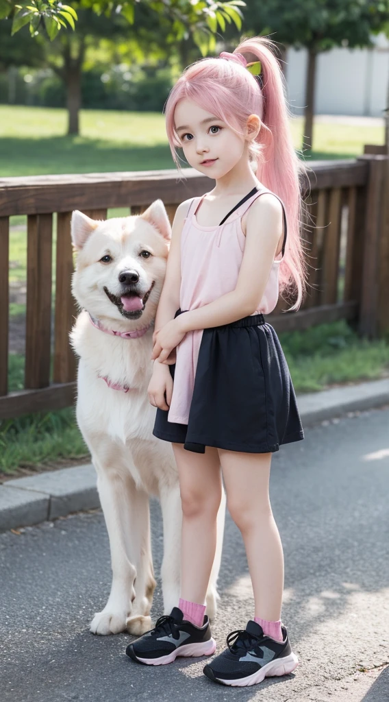 A adorable cute  girl standing with a dog, pale skin, smooth pale skin, skin tune pink, cute face, pink hair, ponytail hair, super detailed, 8k