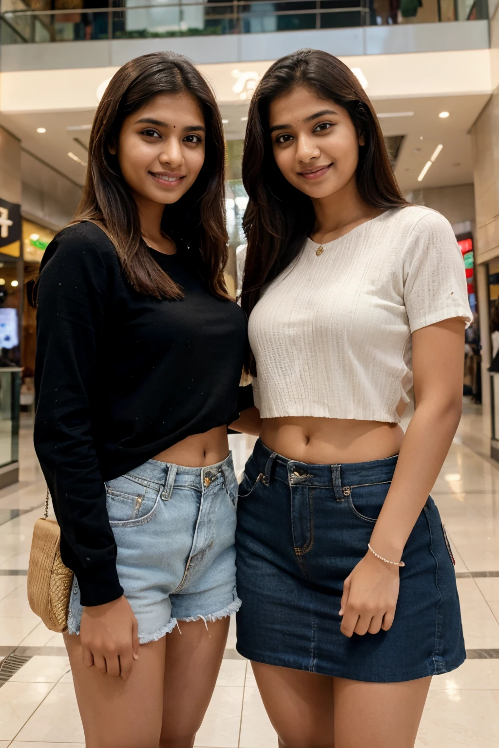 two female friends happily in a shopping mall((indian girl))