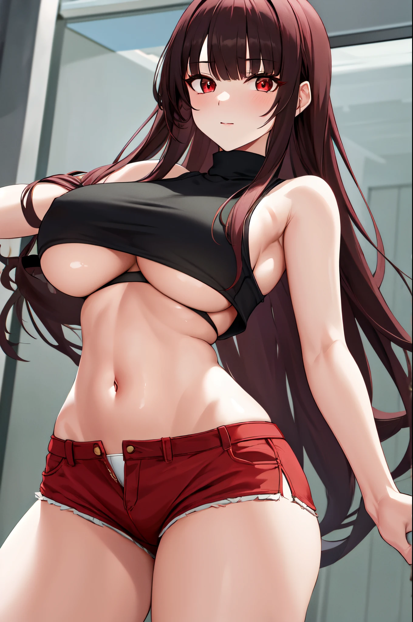 masterpiece, best quality, highres, hmjy1, long hair, blunt bangs, red eyes, turtleneck, sleeveless sweater, street, underboob, navel, short shorts, highleg panties, cowboy shot, standing