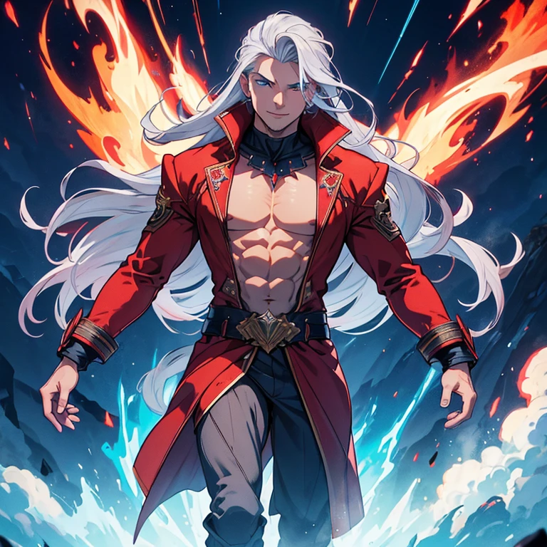 Master piece, 8k, ultra detailed, god, red overcoat, shirtless, fire opal jewel, muscular man, long grey hair, blue eyes, confident smile, full body frame, vulcan eruption and blue lightnings blue light background