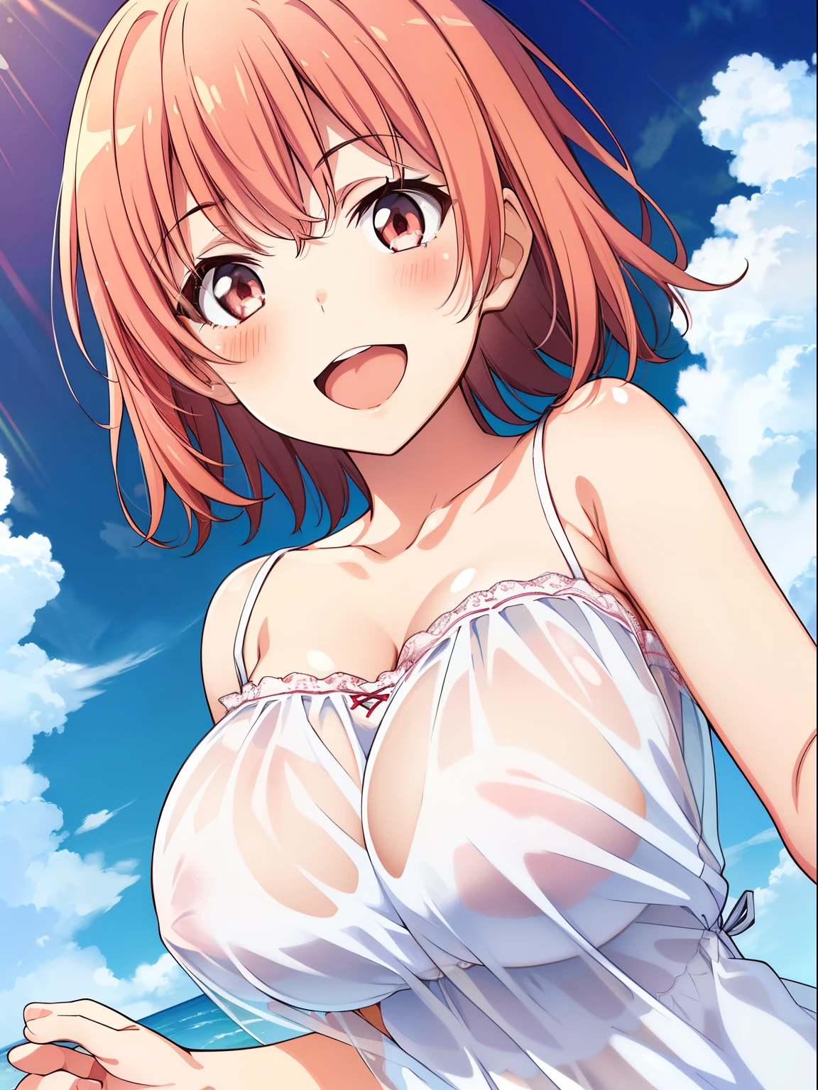 1girl in, Yuigahama Yui, , Short hair, Pink hair, (large boob), 
(Best Quality, hight resolution, 4K, Detailed Lighting, 

Smile, blush, Open mouth, 
(See-through white camisole), cleavage,  
Strapless, nipple, 
at noon, Summer,
Into the cloud,