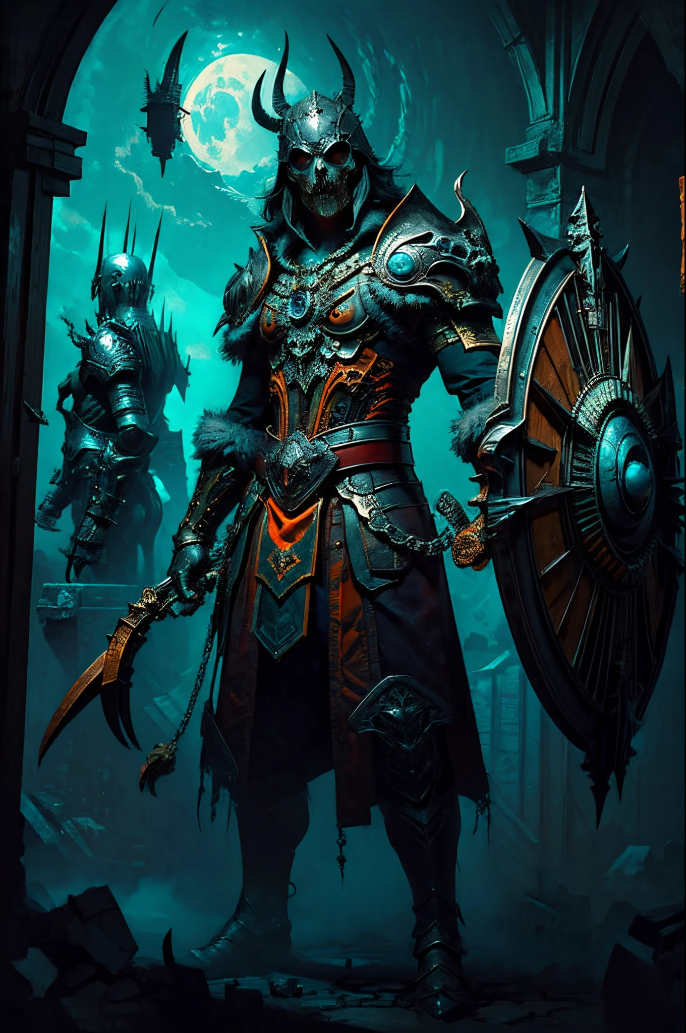 (Evil character:2), magie, (male: 2), (armour:2), (spear: 2), (Distant character:2), handsome man, scars, face detailed, work of art, best qualityer, (Extremely detailed CG 8k unity wallpaper), (best qualityer), (best illustration), (best shade), absurderes, realistic lighting, (abyss), (Battlefield: 2), (Fighting: 1.5), beautiful detailed glowing, arte de PeterMohrBacher, detailed character, 105mm camera. Extremely detaild, 8k, HDR, naturallight, cinematic lighting, masterpiece-anatomy-perfect, ultra HD, RAW photo, metallic, professional, ultra-fine painting, perfect body proportions, anatomically correct, uhd, real texture material, Anti-Aliasing, FKAA, TXAA, SSAO, Post Processing, Post Production, Tone Mapping, CGI, VFX, SFX, hyper maximalist, Volumetric, ultra photorealultra-detailed intricate details.