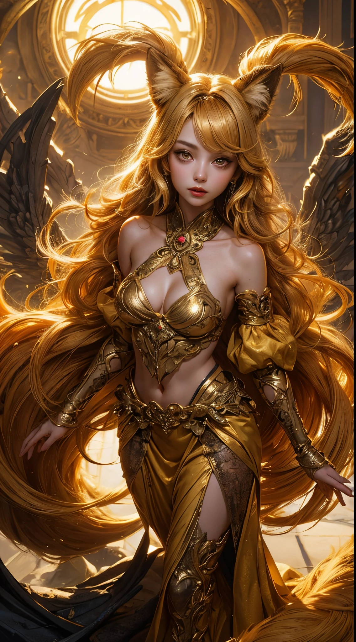 Golden Nine-Tail-Fox-Girl, (bright golden hair), ((big hair)), double eyelid, perfect figure, lovely face, perfect skin, golden eyes, Princess of Spirits, The Golden Age