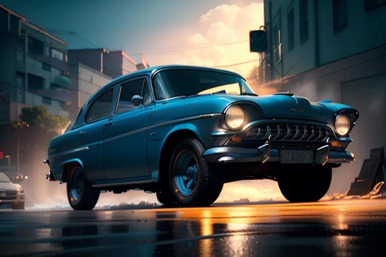 there a blue car that parked on the street, highly detailed hyper real retro, cinema 4d cinematic render, unreal engine. retro film still, moskvich, octane photoreal 3 d render, photorealistic render in octane, photo realistic octane render, photorealistic cinematic render, octane cgsociety, digital painting. octane render, octane trending on cgsociety