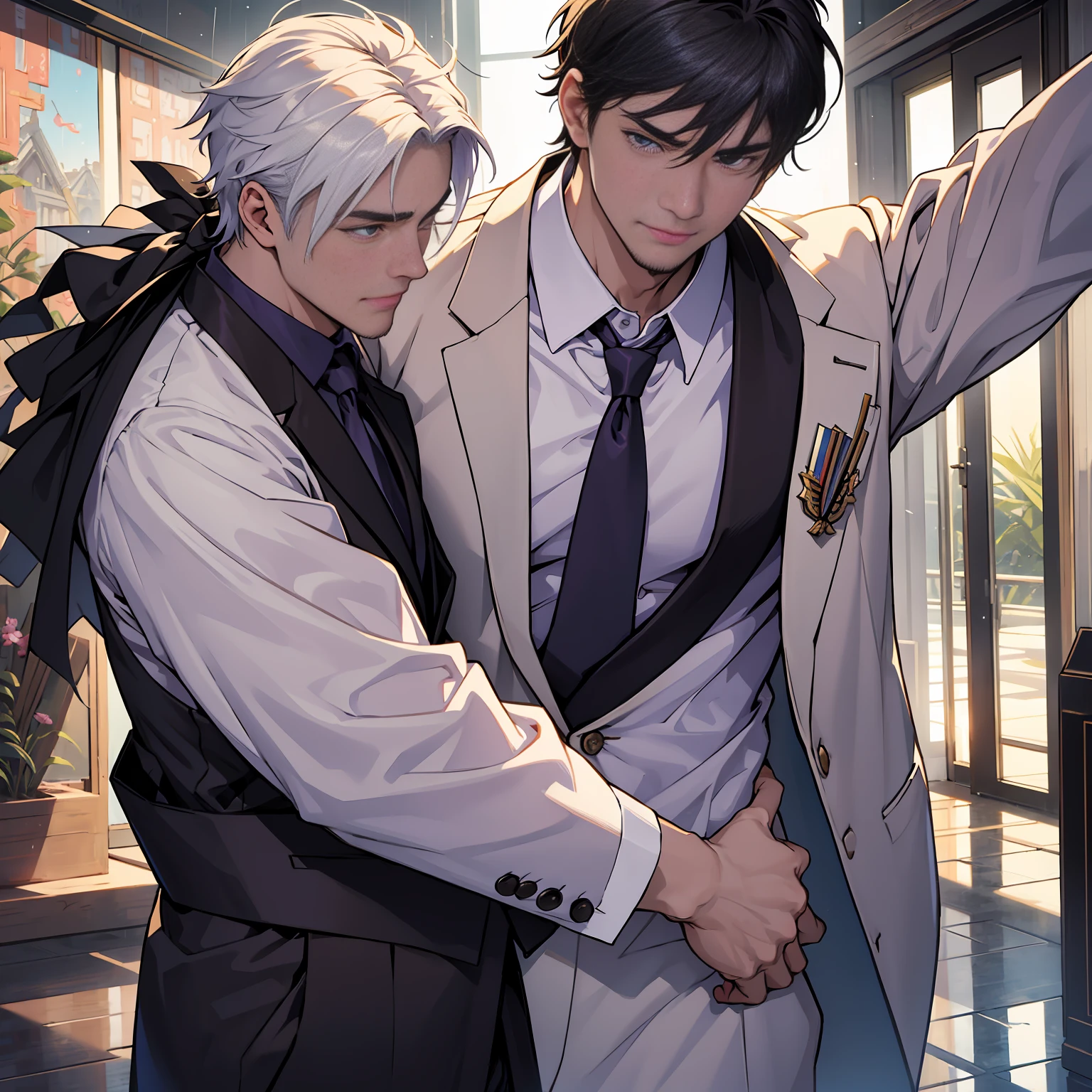 Two handsome men were in a room together and sat looking at each other.