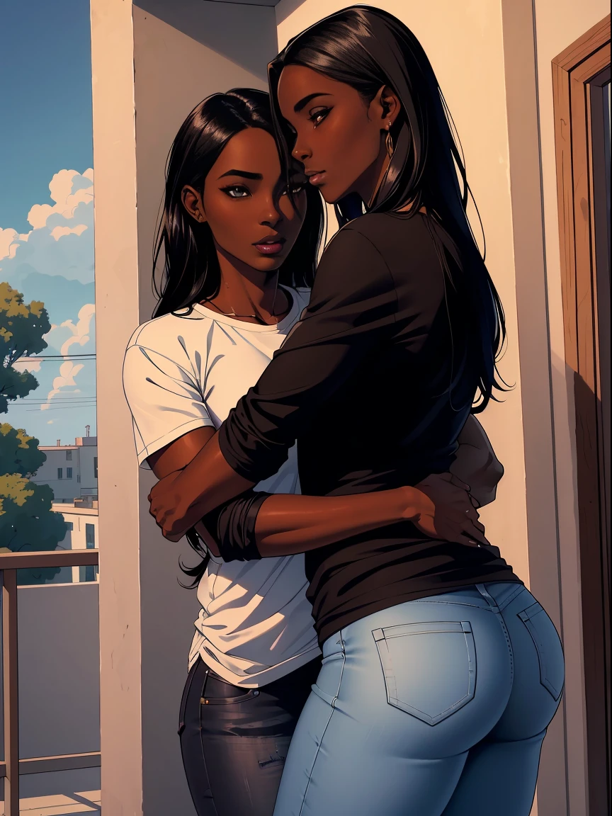 Dark skin ebony young woman in an casual shirt and blue jeans, clear defined brown eyes, perfect wild cloud of long black hair, deceptively shy, flirtatious, revenge, hugging tall masculine attractive man, side profile