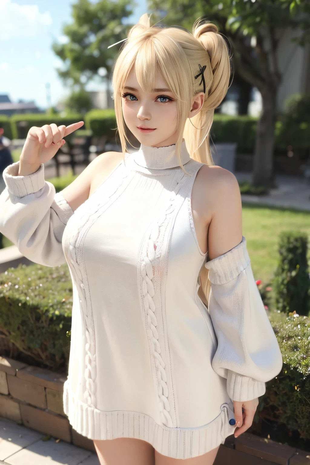 Marie rose, ****, adorable girl, **********, Marie rose, Blonde hair, Double buns, (((Oversized Knit dress))), Selfie, standing, upper body, Looking at viewer, Garden, (high saturation:1.0),  (extremely detailed skin), (best quality:1.0), (ultra highres:1.0) ,(photo realistic:1.0), (ultra detailed:1.0), (8k, RAW photo:1.1),(see-through:1), (smile, looking at viewer:1), ((Natural huge tits)), Blonde hair, Double buns, Masterpiece,