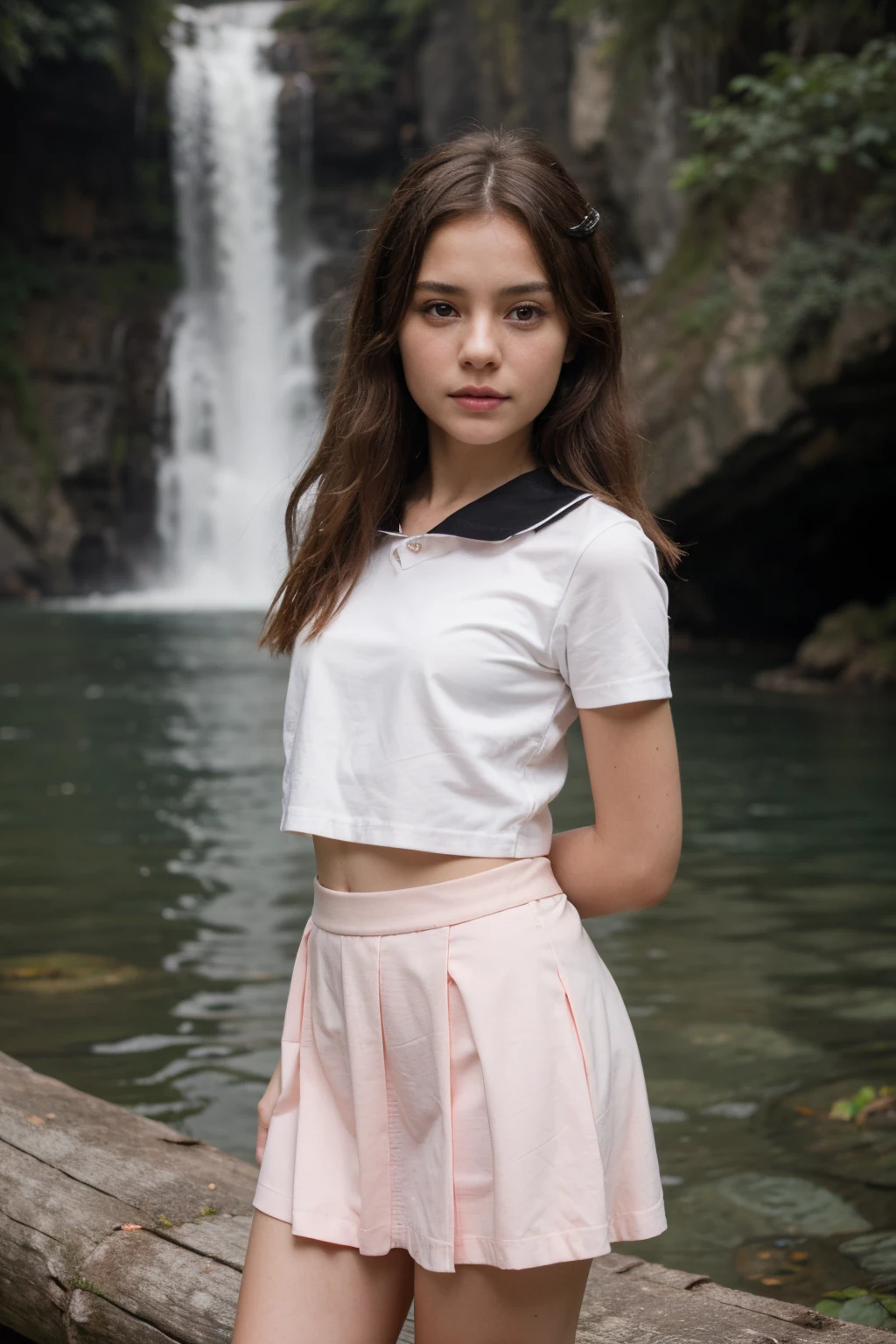 Beautiful  girl wear light pink sailor skirt with black collar
On a wood with  beautifull waterfall
Mysterious face
Beautiful face
Realistic