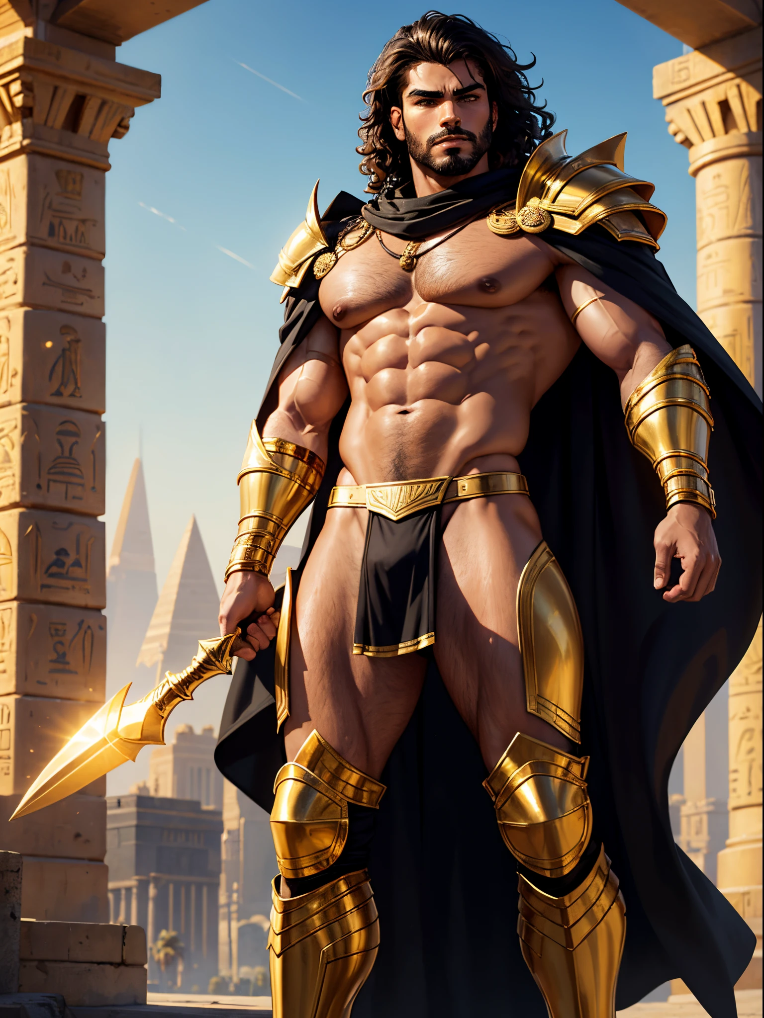 Best quality, 18 year old male Egyptian warrior, brown skin, perfect face, light facial hair, seductive glare, sexy, tall and masculine, muscular and lean, large bulging crotch, body hair, black curly hair, detailed colorful cape, bare chest, full body, low rise thong, detailed body armor, armor on arms, armored boots, gold Egyptian accentarely clothed)  futuristic skyline, lit by golden sunlight, nsfw