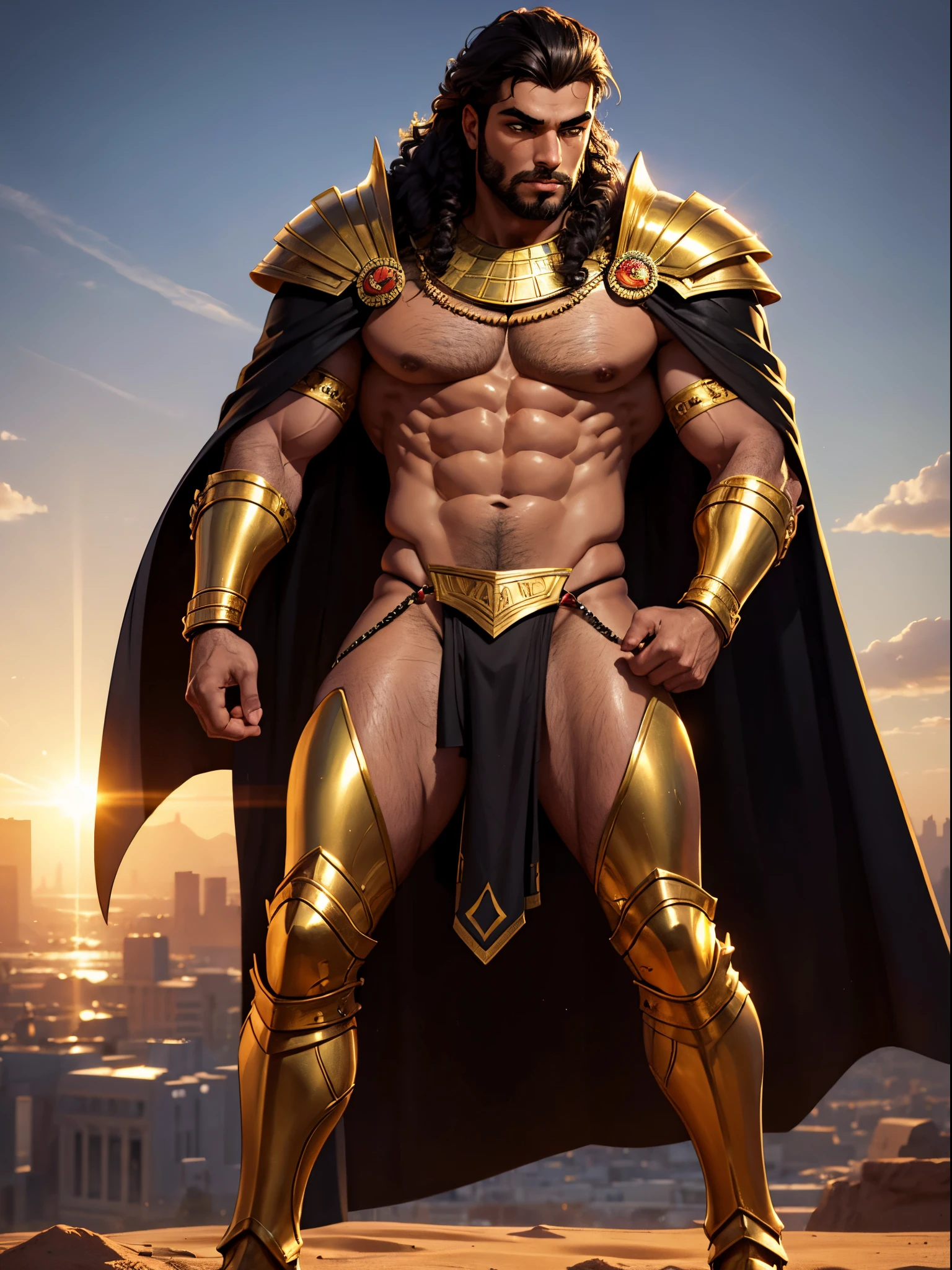 Best quality, 18 year old male Egyptian warrior, brown skin, perfect face, light facial hair, seductive glare, sexy, tall and masculine, muscular and lean, large bulging crotch, body hair, black curly hair, detailed colorful cape, bare chest, full body, low rise thong, detailed body armor, armor on arms, armored boots, gold Egyptian accentarely clothed) futuristic skyline, lit by golden sunlight, nsfw