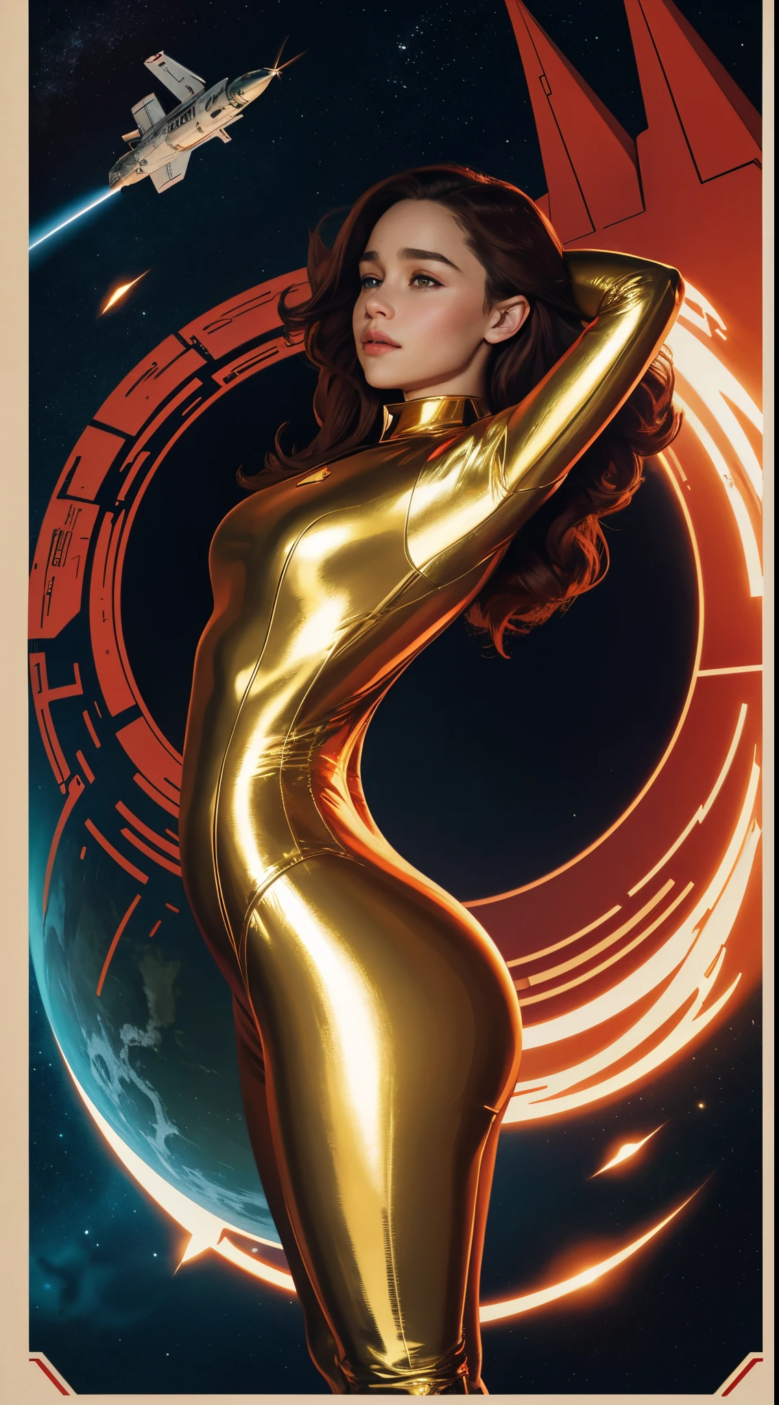 Emilia Clarke’s side profile perfectly captured, as she confidently straddles a futuristic rocket on her journey to the stars. A curvaceous soviet cosmonaut, sleek and stylish gold and red skintight bodysuit hugs her curves, USSR, Vargas style illustration adds a touch of old glamour.