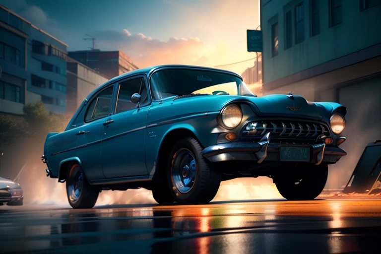 there a blue car that parked on the street, highly detailed hyper real retro, cinema 4d cinematic render, unreal engine. retro film still, moskvich, octane photoreal 3 d render, photorealistic render in octane, photo realistic octane render, photorealistic cinematic render, octane cgsociety, digital painting. octane render, octane trending on cgsociety