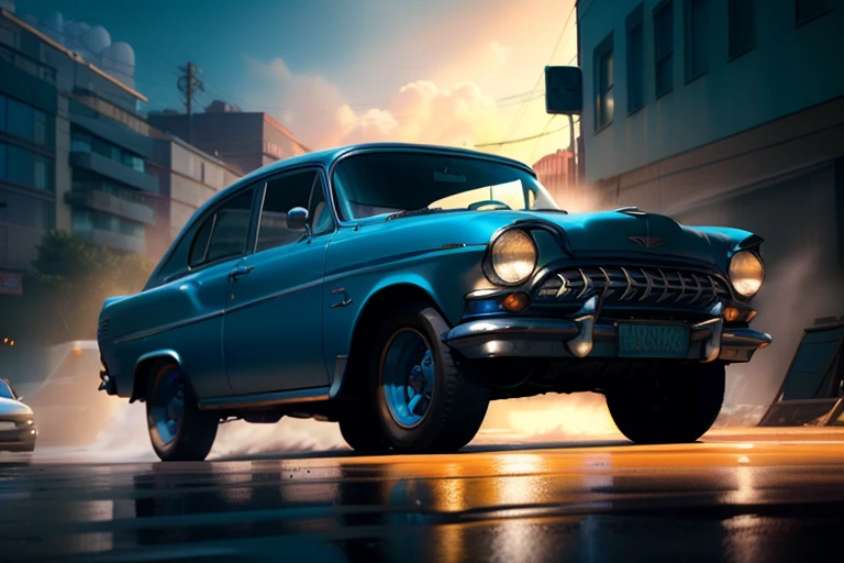 there a blue car that parked on the street, highly detailed hyper real retro, cinema 4d cinematic render, unreal engine. retro film still, moskvich, octane photoreal 3 d render, photorealistic render in octane, photo realistic octane render, photorealistic cinematic render, octane cgsociety, digital painting. octane render, octane trending on cgsociety