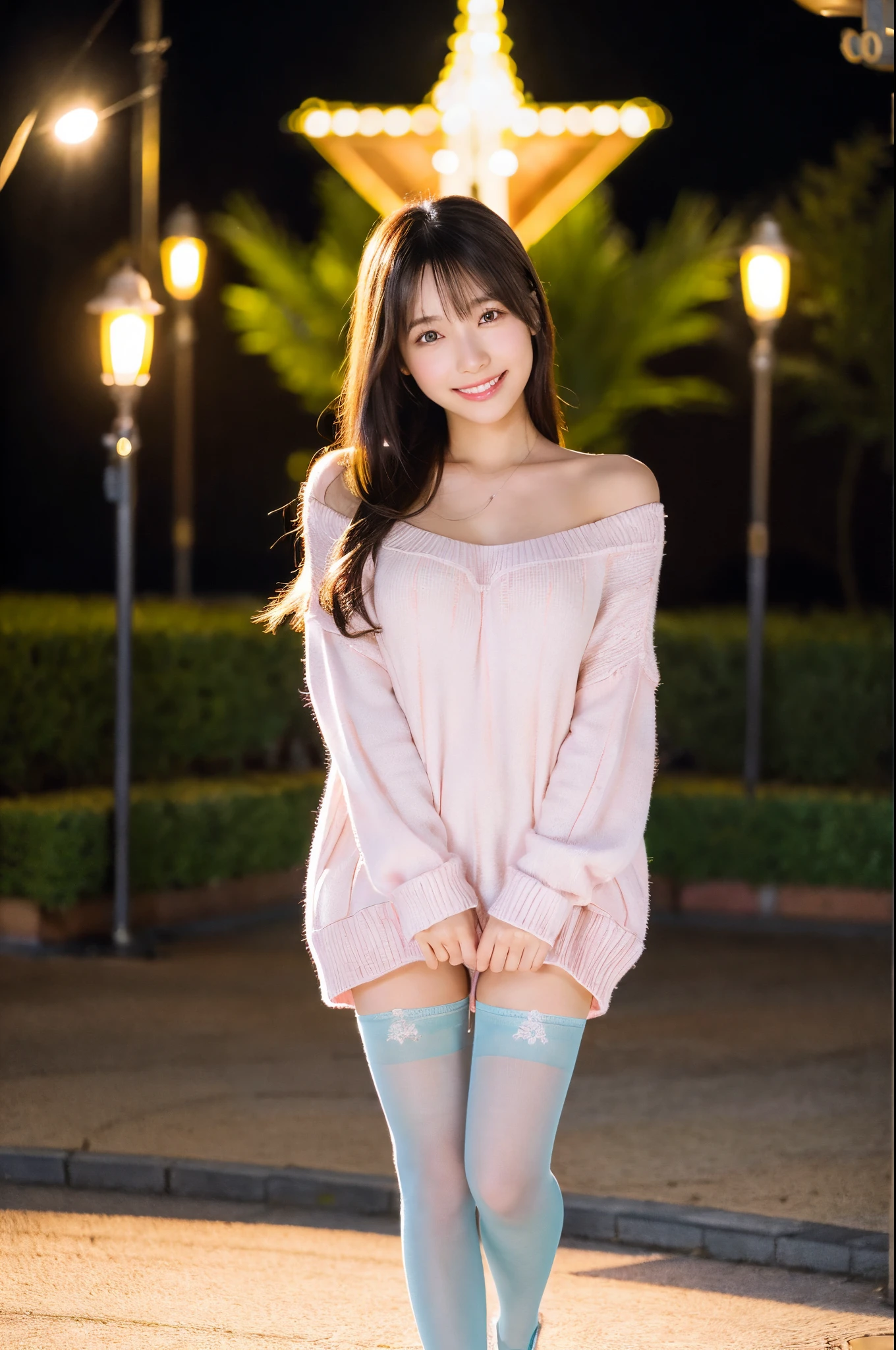 ulzzang -6500-v1.1, (Raw photo:1.2), (Photorealsitic), a beautiful detailed girl, (Real: 1.4), extremely detailed eye and face, beatiful detailed eyes, ((Walking through the illumination plaza at night:1.4)), (( Soft sweater in pastel colors:1.3, Ultra-realistic pantyhose:1.2))、selfee、Instagram、game_nffsw, huge filesize, hight resolution, ighly detailed, top-quality, [​masterpiece:1.6], illustratio, ighly detailed, nffsw, finely detail, top-quality, 8k wallpaper, Cinematographic lighting, 1girl in, 17 age, perfect body type, cute droopy eyes beautiful big eyes、Pieckfinger, ((masutepiece)), Best Quality, 1girl in, eye shadow,  Portrait, ((FULL BODYSHOT:1.4))、(Very affectionate smile:1.2)、realistic skin textures、shinny skin、Exposed thighs!!!