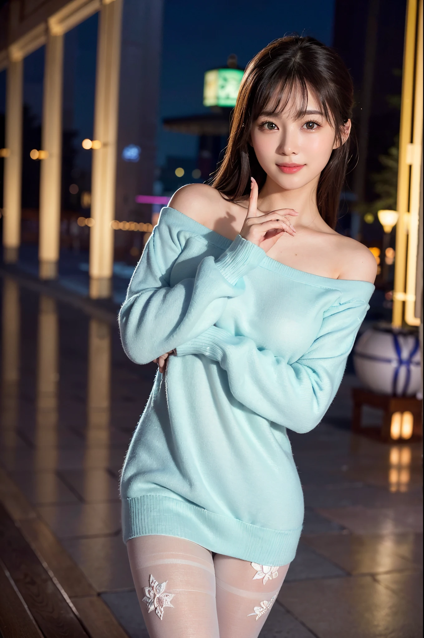 ulzzang -6500-v1.1, (Raw photo:1.2), (Photorealsitic), a beautiful detailed girl, (Real: 1.4), extremely detailed eye and face, beatiful detailed eyes, ((Walk through the illumination plaza at night:1.4)), (( Soft sweater in pastel colors:1.3, Ultra-realistic pantyhose:1.2))、selfee、Instagram、game_nffsw, huge filesize, hight resolution, ighly detailed, top-quality, [​masterpiece:1.6], illustratio, ighly detailed, nffsw, finely detail, top-quality, 8k wallpaper, Cinematographic lighting, 1girl in, , perfect body type, cute droopy eyes beautiful big eyes、Pieckfinger, ((masutepiece)), Best Quality, 1girl in, eye shadow,  Portrait, ((FULL BODYSHOT:1.4))、(Very affectionate smile:1.2)、realistic skin textures、shinny skin、Exposed thighs!!!