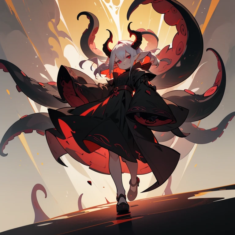 Young Female, Pale Skin, Red Eyes, Short White Hair, Menacing Expression, Beautiful, Dark Lighting, Intimidating, Horror Theme, Standing, Darkness surrounding, Tentacles forming from behind her back, Wearing a black cloak with the hood up, tentacles moving from underneath the cloak, Cinematic, HDR, Vibrant Colors, RTX, HD, Very Detailed, Masterpiece