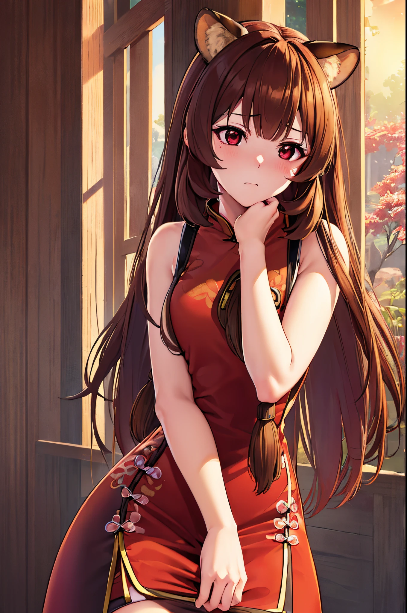 Raphtalia, Raphtalia, Animal ears, Brown hair, Long hair, raccoon ears, a racoon girl, racoon tail, (Red Eyes:1.5), tail,
(red qipao:1.4), Sleeveless, forest, Nature, Sun, skyporn, (Cowboy Shot:1.5),
BREAK (masutepiece:1.2), Best Quality, High resolution, Unity 8k壁纸, (Illustration:0.8), (Beautiful detailed eyes:1.6), extra detailed face, Perfect Lighting, extremely details CG, (Perfect hands, Perfect Anatomy), (hand on own chin:1.4), (blushed face:1.3), embarrassed