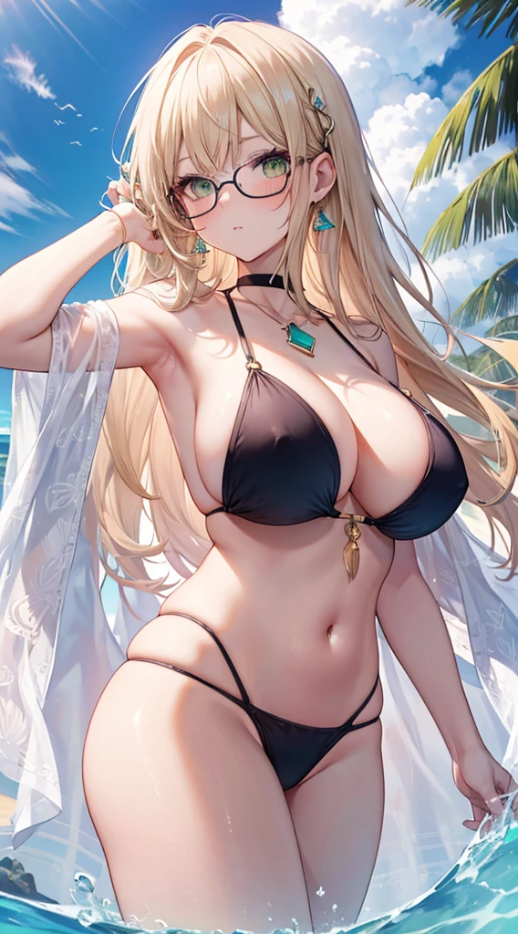 masterpiece, best quality, highres, 8k, Ultra detailed, high quality, Mature lady, lady, very long blonde hair, thick hair, emerald eyes, very huge breasts, round breasts, micro bikini, beach, pouting, blushing, thighs, earrings glasses, bare shoulders, armpits, from below, choker