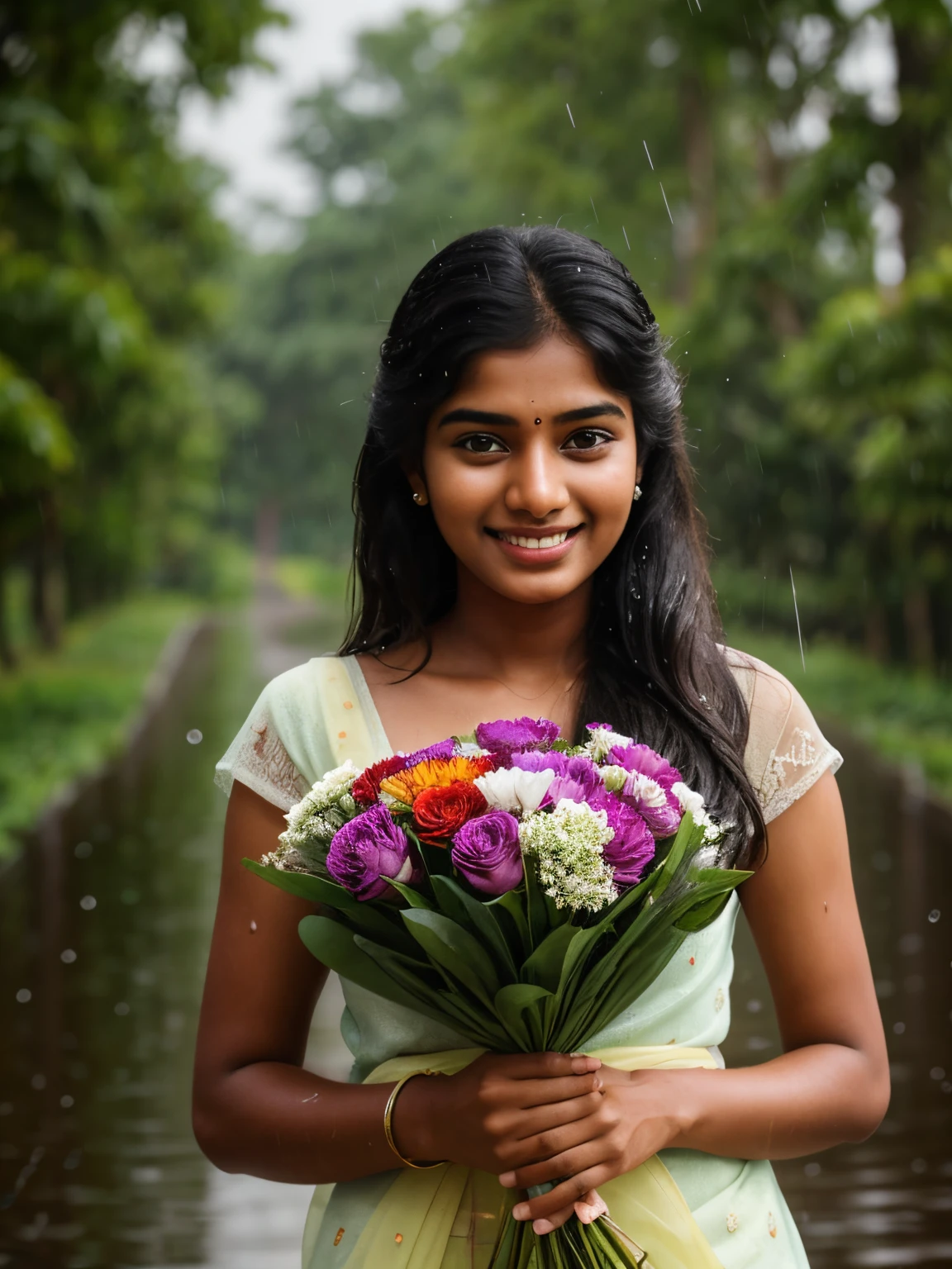 20 years old extremely beautiful brown Tamil girl (pink shirt front knot blue skirt), (bangles earrings necklace wrist watch), enjoying in the rain, drenched in rain, facing viewers facing camera, eyes symmetry, (best quality, ultra-detailed:1.6), colorful scene, bright colors, playful atmosphere, vibrant colors, cute expressions, joyful laughter, raindrop reflections, wet hair, wet clothes, wet body, body reflecting light, back lit, refreshing ambiance, happy face, splashing water, raindrops falling around her, natural lighting, candid moments captured, lively mood, (high quality detailing:1.6 faces & eyes & ears & nose & lips & skin & curves & body parts), full body shot from bottom
