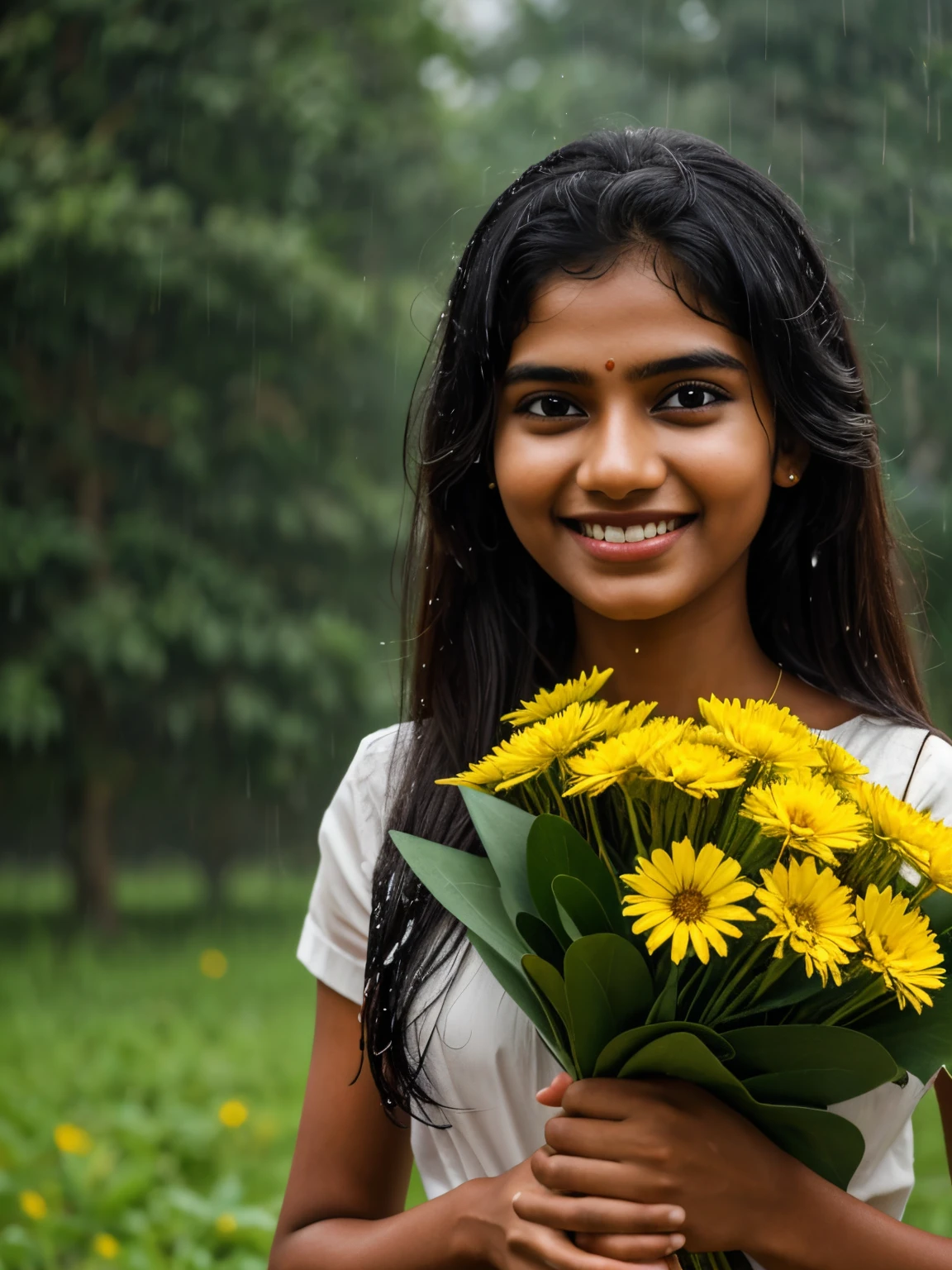 20 years old extremely beautiful brown Tamil girl (pink shirt front knot blue skirt), (bangles earrings necklace wrist watch), enjoying in the rain, drenched in rain, facing viewers facing camera, eyes symmetry, (best quality, ultra-detailed:1.6), colorful scene, bright colors, playful atmosphere, vibrant colors, cute expressions, joyful laughter, raindrop reflections, wet hair, wet clothes, wet body, body reflecting light, back lit, refreshing ambiance, happy face, splashing water, raindrops falling around her, natural lighting, candid moments captured, lively mood, (high quality detailing:1.6 faces & eyes & ears & nose & lips & skin & curves & body parts), full body shot from bottom