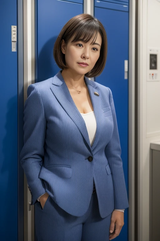 ((of the highest quality, 8K, masutepiece: 1.Phototriaritic)), (close up:1), (Looking at the viewer), Mature and attractive women, ((A MILF)),(((48yo))),(Wrinkles at the corners of the eyes:1.3),(Saggy udder),(Saggy buttocks),(Aging skin),((Business suits)), Curve:0.3, Slurry:0.5, Nobody Locker Room,