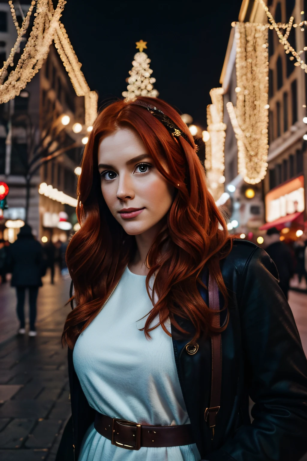 33-year-old realistic redhead in selfie mode for Instagram dressed as a Snapchat influencer Full photo standing in a city decorated with Christmas motifs