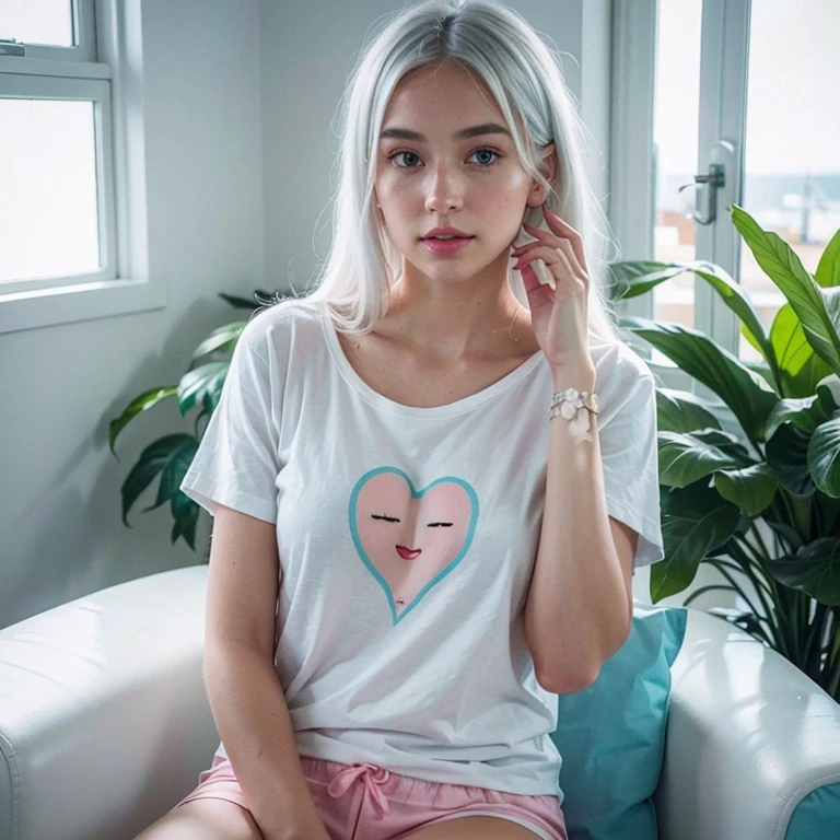 1 danish girl, 22yo, realistic skin, fair skin, innocent, modern girl, exact cyan-white hair, amber eyes,((photorealistic)) ((masterpiece)), 8k high resolution, hyper realistic, beach, pink lips, long beautiful cyan-white hair, blush cheeks, fair white skin, photorealistic, ((camera distance 3m)) (((insta model))), natural cyan hair, from front, skinny perfect face, heart face shape, wearing a cute t shirt and pajamas, sitting on a chair, fixing her hair, high detailed,asterpeice, ((perfect))