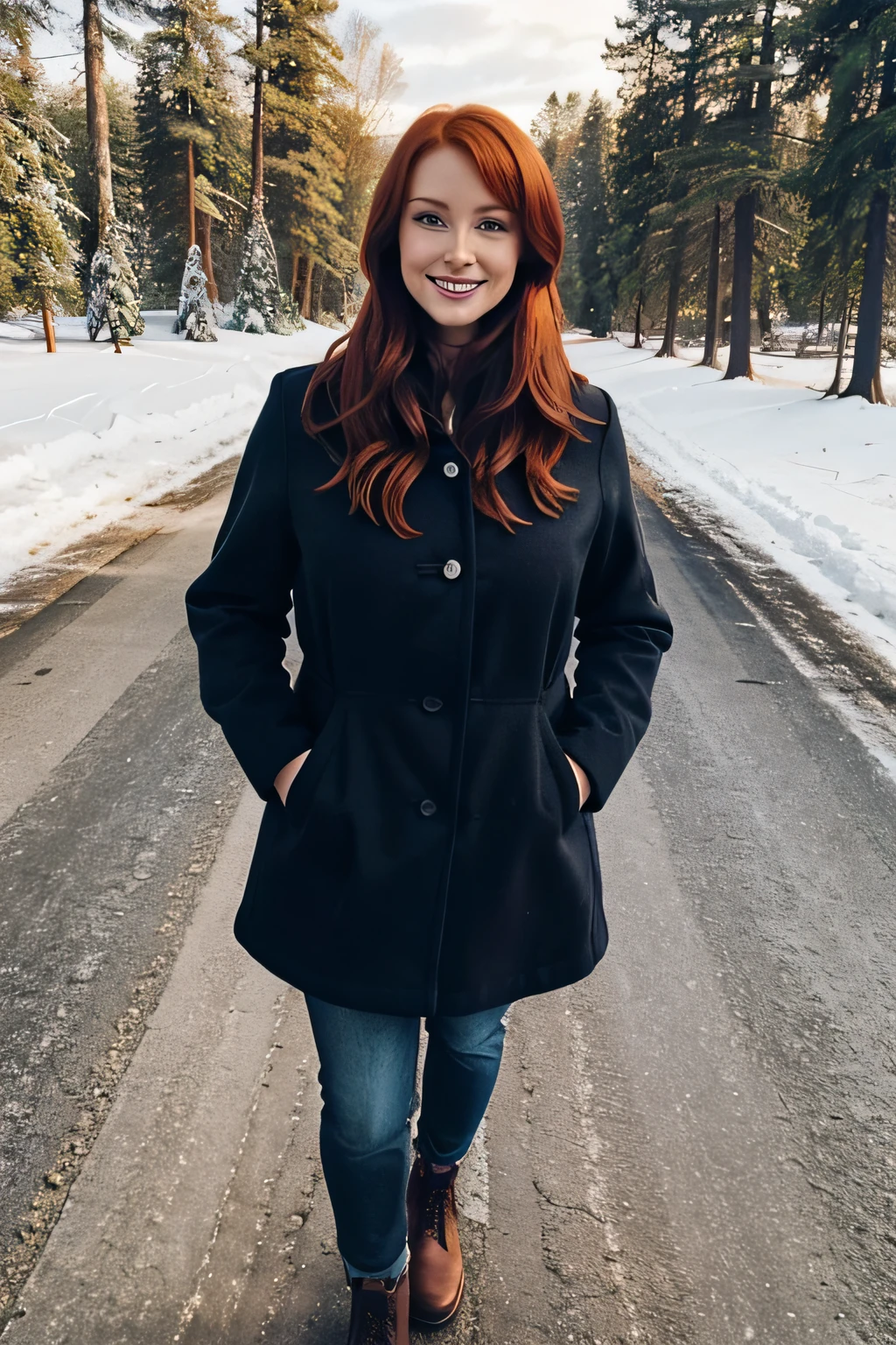 33 year old realistic redhead., tetas grandes:1.2 en modo selfie para Instagram vestida influencer de Snapchat Foto completa de pie y feliz en la naturaleza, Ropa de invierno