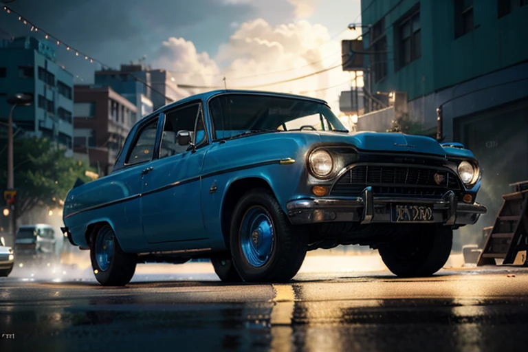 there a blue car that parked on the street, highly detailed hyper real retro, cinema 4d cinematic render, unreal engine. retro film still, moskvich, octane photoreal 3 d render, photorealistic render in octane, photo realistic octane render, photorealistic cinematic render, octane cgsociety, digital painting. octane render, octane trending on cgsociety