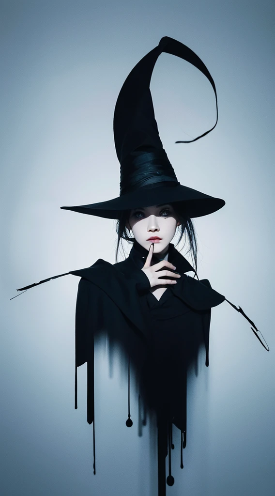 Create a and elegant witch silhouette logo, shedding black tears. The design should convey a strong sense of sadness and melancholy, using a minimalist approach with clear lines and using only black