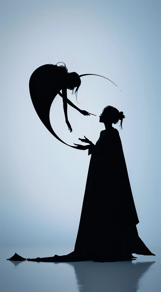 Create a and elegant witch silhouette logo, shedding black tears. The design should convey a strong sense of sadness and melancholy, using a minimalist approach with clear lines and using only black
