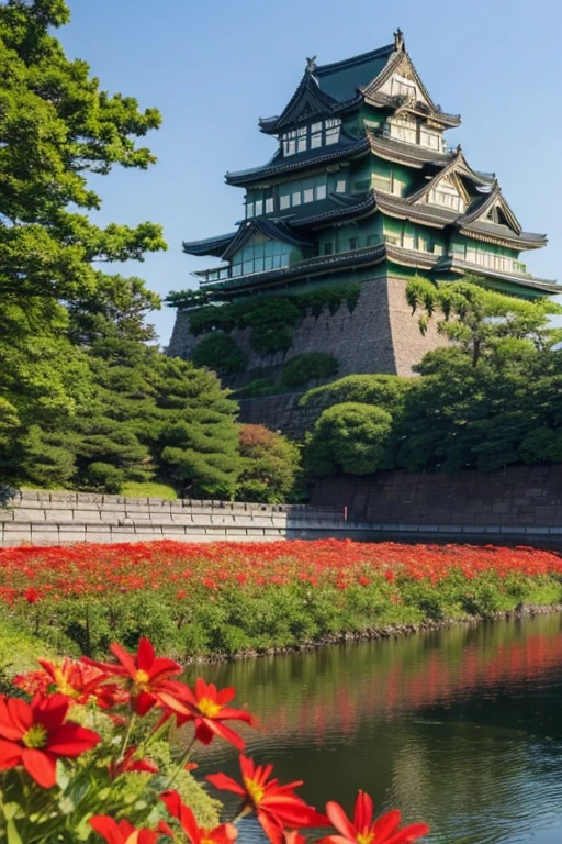Edo castle town,Castles,a river,red bridge,Summer flowers