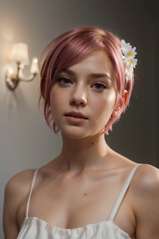 high quality,masterpiece,extremely detailed,high res,4k,ultra high res,detailed shadow,ultra realistic,realistic,dramatic lighting,1girl,solo,detailed face,realistic eyes,realistic skin,pink hair,dynamic pose, dynamic angle, white flowery dress, short hair cut,white background
