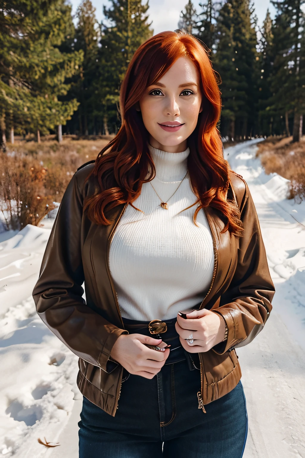 33 year old realistic redhead., busto mediano-grande, en modo selfie para Instagram vestida con ropa de invierno Influencer de Snapchat Foto completa de pie y feliz en la naturaleza