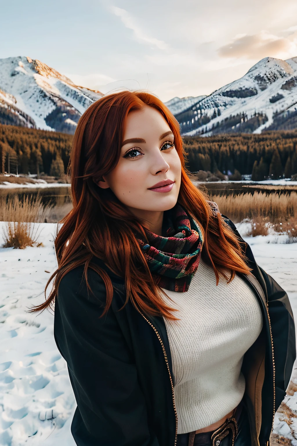 33 year old realistic redhead., busto mediano-grande, en modo selfie para Instagram vestida con ropa de invierno Influencer de Snapchat Foto completa de pie y feliz en la naturaleza