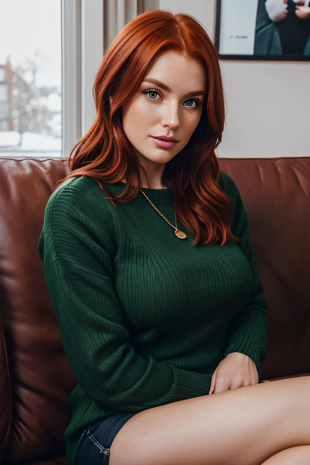 33 year old realistic redhead., busto mediano-grande, in selfie mode for Instagram dressed in winter clothes Snapchat influencer Full photo sitting on the couch, Watch a movie