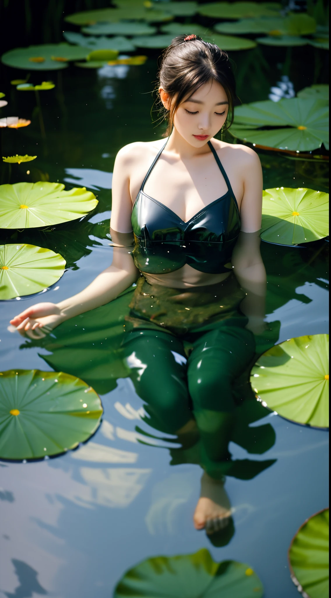 tem uma mulher de cabelo verde sentada em um lago COM AS COSTAS, nymph in the water, em uma lagoa, lying on lily pad, lily pad, lily pads, green waters, waterlily mecha nymphaea, green lily pads, standing in a pond FROM BEHIND, flutuando debaixo d&#39;water BACKWARDS in a lake, SENTADA DE COSTAS em uma lagoa, closeup fantasy with water magic, waterlily pads, super realista