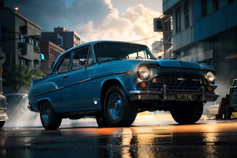 there a blue car that parked on the street, highly detailed hyper real retro, cinema 4d cinematic render, unreal engine. retro film still, moskvich, octane photoreal 3 d render, photorealistic render in octane, photo realistic octane render, photorealistic cinematic render, octane cgsociety, digital painting. octane render, octane trending on cgsociety
