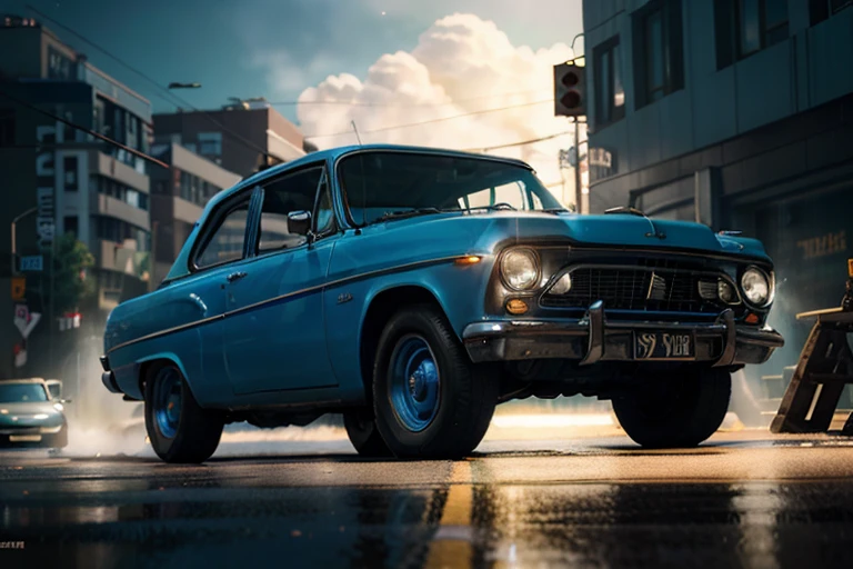 there a blue car that parked on the street, highly detailed hyper real retro, cinema 4d cinematic render, unreal engine. retro film still, moskvich, octane photoreal 3 d render, photorealistic render in octane, photo realistic octane render, photorealistic cinematic render, octane cgsociety, digital painting. octane render, octane trending on cgsociety