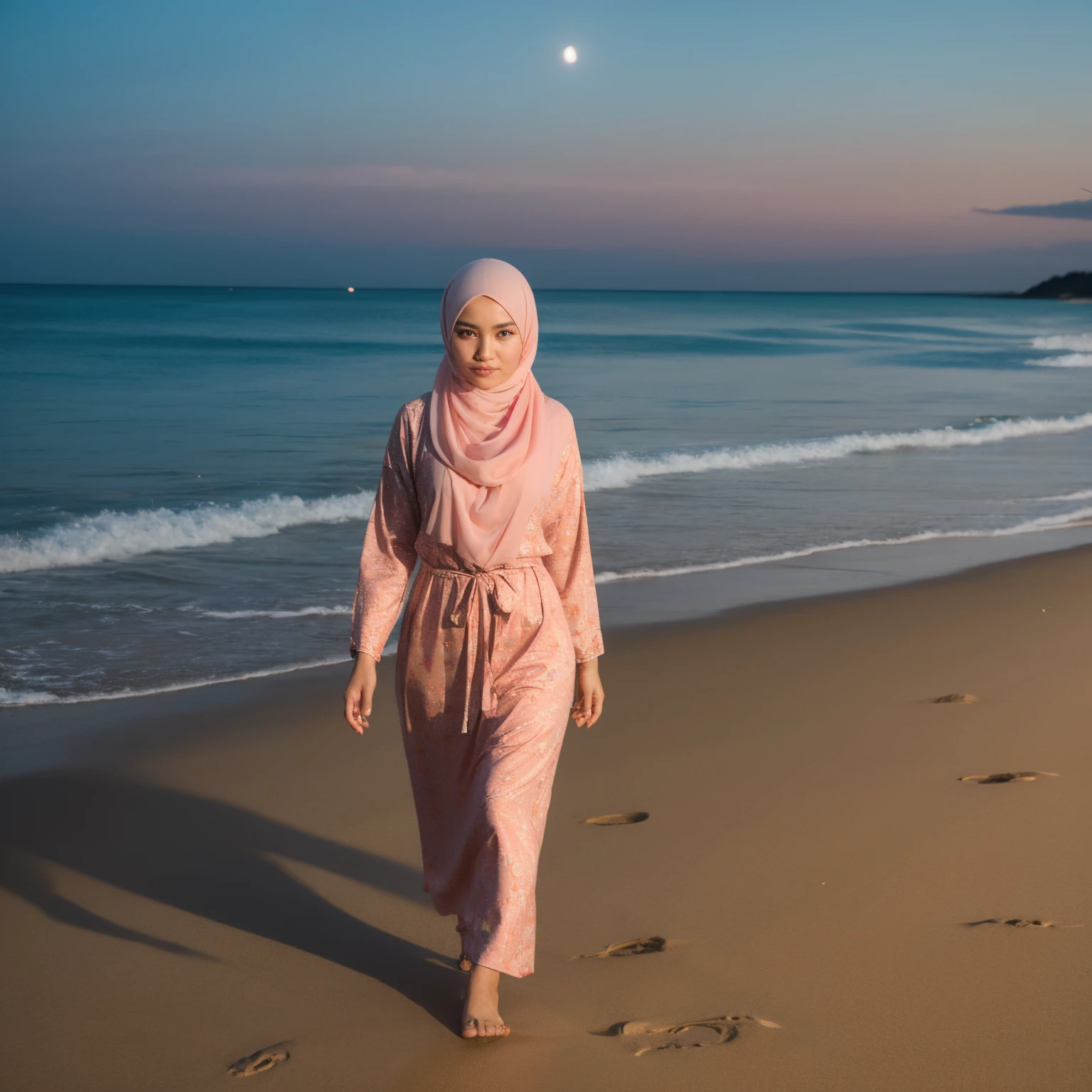 A young and beautiful Malay hijab lady, walking at the beach at night, showing her similing face.