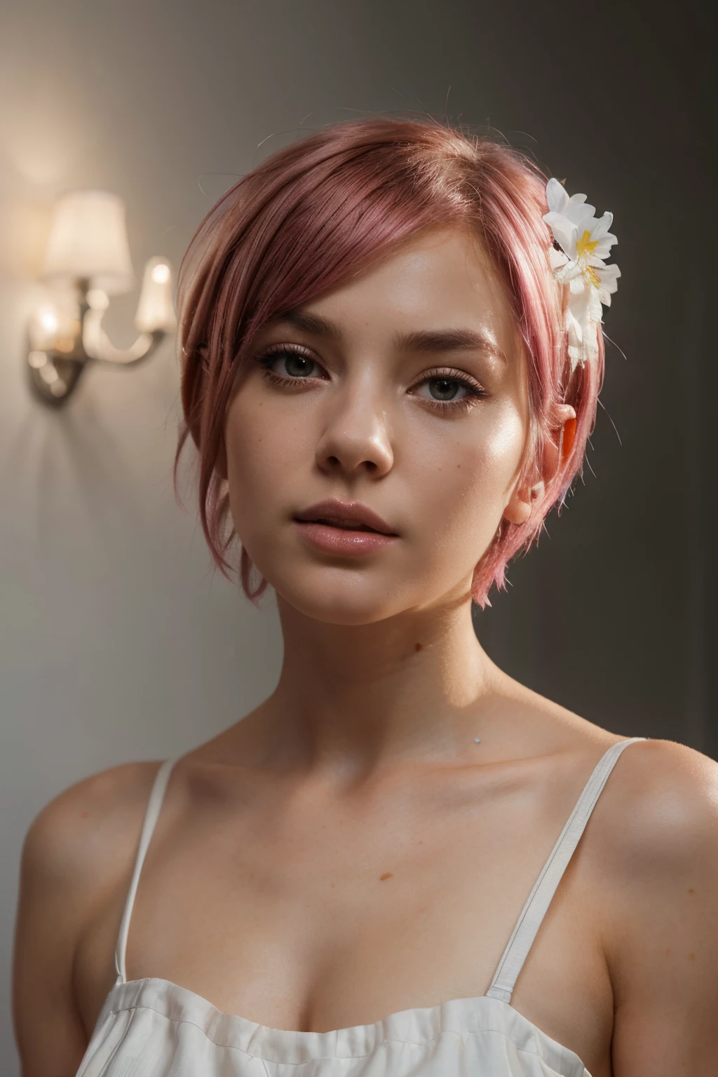 high quality,masterpiece,extremely detailed,high res,4k,ultra high res,detailed shadow,ultra realistic,realistic,dramatic lighting,1girl,solo,detailed face,realistic eyes,realistic skin,pink hair,dynamic pose, dynamic angle, white flowery dress, short hair cut,white background