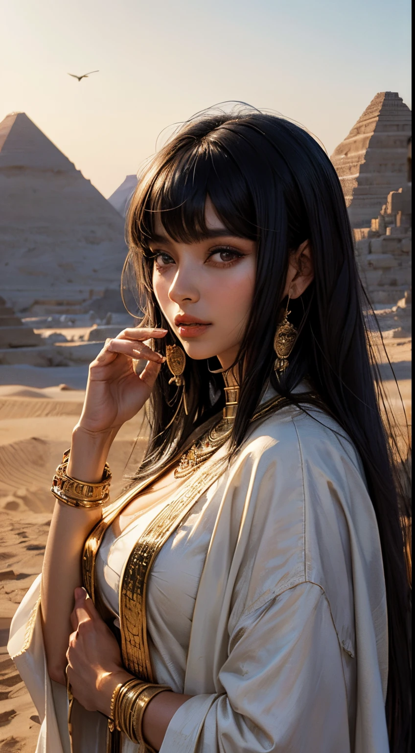 best quality, masterpiece, photo realistic, intricate details, raw photo, photon rendering, octane render, absurdres, ultra detailed, detailed face, detailed skin, trending on artstation, 8k masterpiece, cinematic lighting, ( (1girl)),((solo)),((looking_at_viewer)),trending on cg society,plasticien,((black long hair)),((beautiful woman)),(Smile),sexy lingerie, lingerie, underwear, bra,((Egyptian pyramid)),((sexy)),wind blowing hair, ((flowing hair)),happy,fashion magazine, --auto --s2